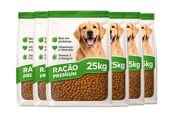Seis sacos de 25 kg de ração premium, somando 150 kg